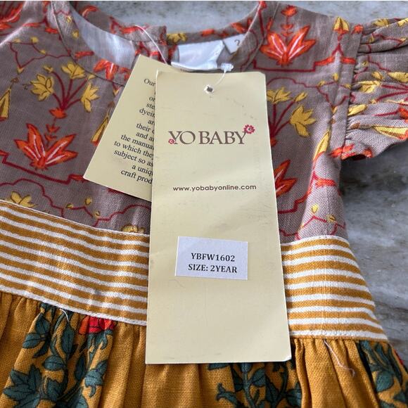 NWT Yo Baby India Hand-Block Print Dress 2T, Boho Floral Ruffle Sleeve - Picture 2 of 10